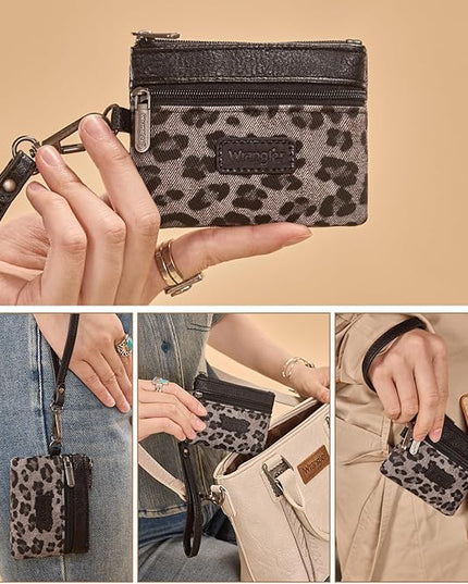 Montana West Wrangler Small Wallet for Women Leopard Print Wristlet Wallets Mini Change Pouch Black
