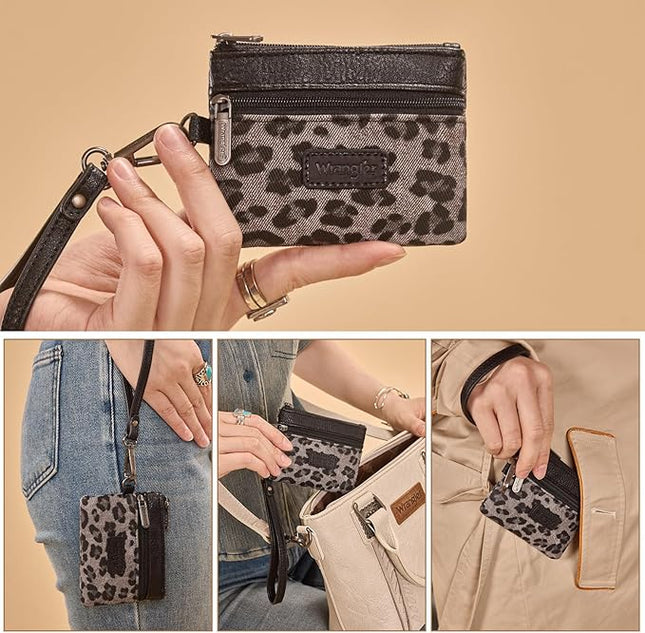 Montana West Wrangler Small Wallet for Women Leopard Print Wristlet Wallets Mini Change Pouch Black