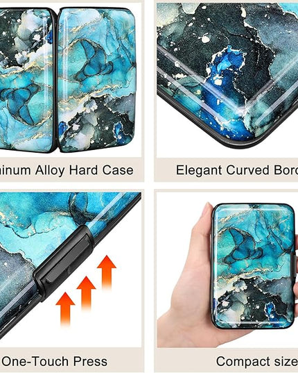 ELFISH RFID Blocking Credit Card Protector Aluminum ID Case Hard Shell Business Card Holders Metal Wallet for Men or Women (Graygreen Marble)