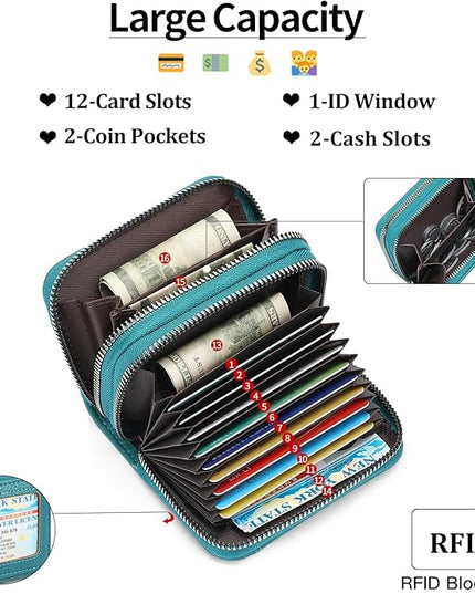RNIEGA Credit Card Holder Wallet RFID Blocking Leather Small Wallet for Women Double Zipper Wallet with ID Window