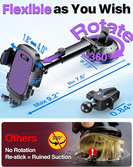 HTU 2026 Ultimate Best【True Military-Grade & Safety Cert】Car Phone Holder【Upgraded 360 Rotation & 100+LBS Strongest Suction】5-in-1 Truck Windshield Dashboard Vent Mount Stand for iPhone Android,Purple