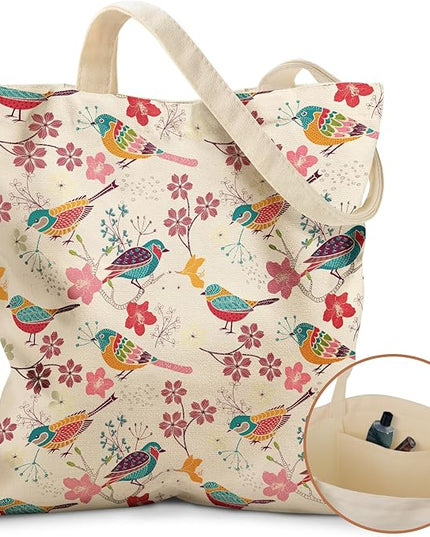 Canvas Tote Bag with Pockets - Aesthetic Reusable Totes for Women Ladies Cute Printed Cloths Canvas Shoulder Bag
