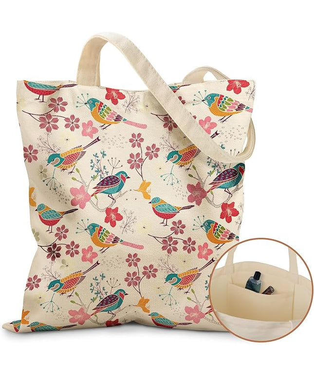 Canvas Tote Bag with Pockets - Aesthetic Reusable Totes for Women Ladies Cute Printed Cloths Canvas Shoulder Bag