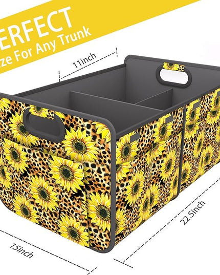 Homeve Trunk Organizer, Car Storage, Reinforced Handles, Collapsible Multi-Compartment, Foldable, Waterproof, Sturdy, 600D Oxford Polyester For Car, SUV, Mini-Van, Sunflower Leopard Print, 2 Compart