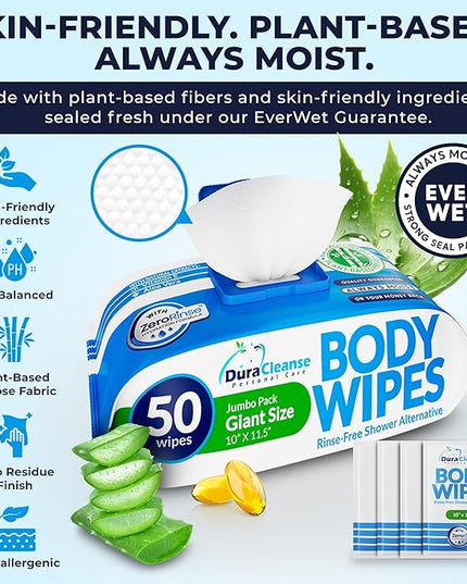 XL Body Wipes for Adults Bathing – 50 Ct + 4 Travel Shower Wipes 10 x 11.5" Thick Cleansing No Rinse Bath Wash Sheets for Elderly, Incontinence, Men & Women, Camping Essentials Disposable Washcloths