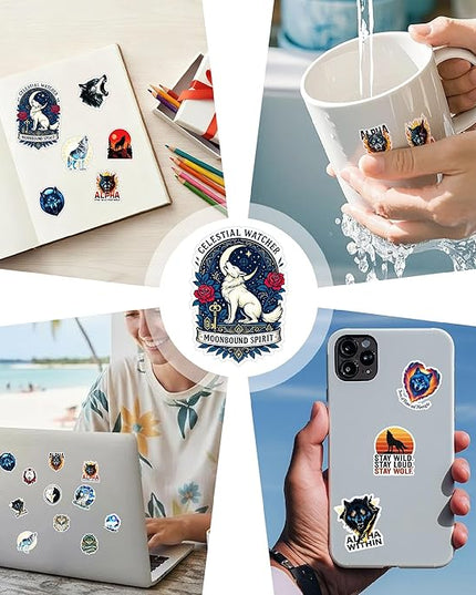 100 Pcs Wolf Stickers Pack Magic Animals Sticker Vinyl Cute Moon Mystic Family Wolves Car Decals Laptop Decor Water Bottles Scrapbook Hard Hat Gift for Unisex Adults Teen Men Women