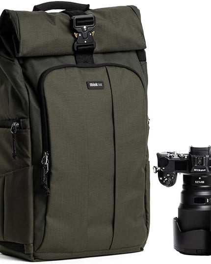 Think Tank FocusPoint 30L RollTop Camera Backpack - Greenway: Expandable Travel & Camera Backpack with Laptop Sleeve, Quick Side and Back Access, Rain Cover – Versatile Photography & Travel Bag