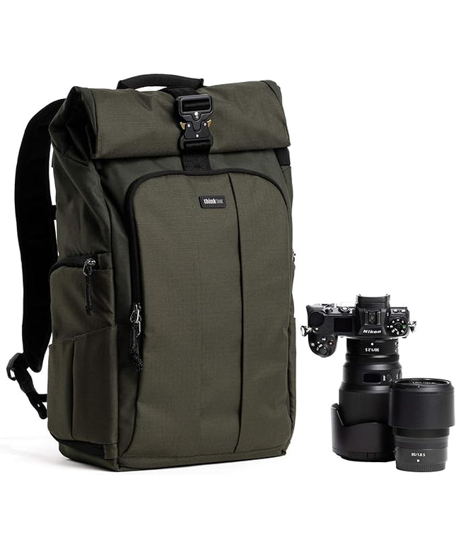 Think Tank FocusPoint 30L RollTop Camera Backpack - Greenway: Expandable Travel & Camera Backpack with Laptop Sleeve, Quick Side and Back Access, Rain Cover – Versatile Photography & Travel Bag