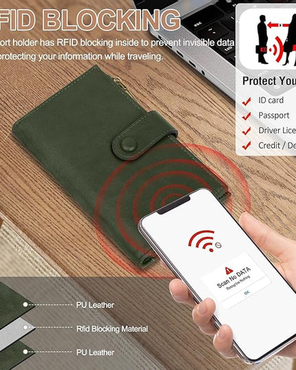 BKNOOU Passport Holder Rfid Blocking Travel Passport Wallet for Women and Men, Compact Leather Travel Wallet Trifold Clutch Wallet, Passport Cover Holds Cards, Tickets, Cash and Pen