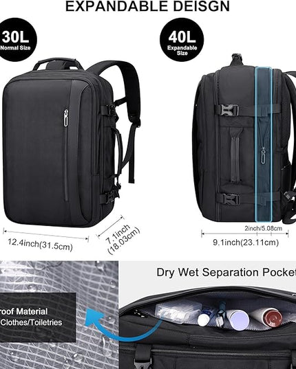 PIJUSHI Travel Backpack for Women Men Expandable Carry on Luggage Backpack Airline Approved Personal Item Laptop Bag(PE034 Black)