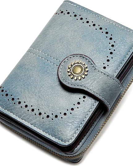 TFKGS Small Womens Wallet Leather RFID Blocking Bifold Compact Card Holder Ladies Zipper Accordion Pocket with ID Window Blue