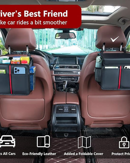 Hanging Car Seat Organizer with Lid - Premium PU Leather Backseat Organizer for Kids & Adults (Black)