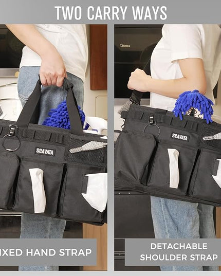 Wearable Cleaning Caddy Bag, Supplies Organizer with Handle & Shoulder Straps for Housekeepers, Under Sink & Car Cleaning Tool Organizer with 4 Foldable Dividers (Black)