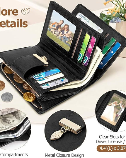 HUANLANG Small Wallets for Women Rfid Blocking Leather Bifold Credit Card Holder Ladies Wallet Zipper Pocket with ID Window