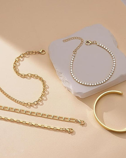 Gold Bracelets Set for Women Stack, Dainty Thick Bracelets Stack for Women Trendy, Simple Thin Gold Plated Cuff Stackable Bracelets With Beaded Cuban Paperclip Snake Rope Bangle Hand Chain Jewelry Gifts for Women Non Tainish