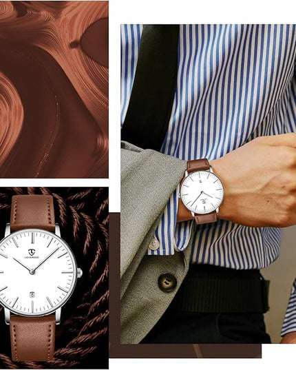 L LAVAREDO Watch for Men, Extremely Thin Mens Watches Minimalist Analog Men's Leather Wrist Watches with Time/Date, Birthday Gift for Men Boyfriend