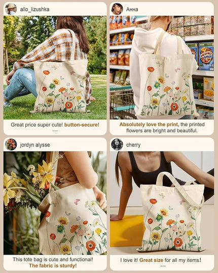 Canvas Tote Bag with Pockets - Aesthetic Reusable Totes for Women Ladies Cute Printed Cloths Canvas Shoulder Bag