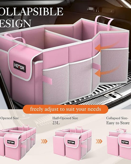 HOTOR Foldable Trunk Organizer for SUVs & Sedans, Pink, 2 Compartments, 21.3"12.6"10.6