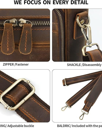 Jack&Chris Full Grain Leather Briefcase for Men, Business Messenger Bag Laptop Bag Attache Case, Fits 15.6 Inch Laptop