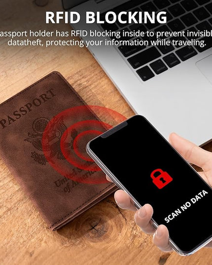 Passport Holder for Travel Essentials,RFID Blocking Passport Cover Wallet Card Case for Women and Men (Brown)
