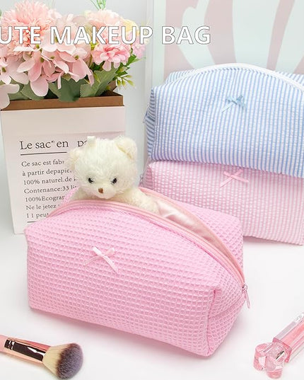 Cozy Makeup Bag Travel Cosmetic Bag for Women Soft Toiletry Bag Aesthetic Makeup Organizer Portable Large Zipper Pouch for Skincare Beauty Accessories Brushes Walffle Check Pink