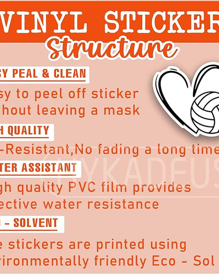 (3Pcs) Volleyball Stickers Waterproof Vinyl Volleyball Heart Decals for Water Bottle, Tumbler, Laptop, Phone Case, Poster Board, Scrapbooking, Team Players, Coach, 3" x 2.8"