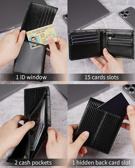 Swallowmall Leather Wallet for Mens Genuine Leather RFID Blocking Bifold Wallets with 1 ID Window 15 Card Slots