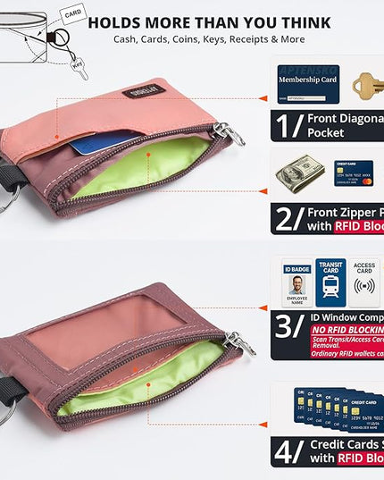 RFID Travel Wallet with Adjustable Lanyard-Zipper Small Wallet with ID Card Holder, Keychain for women&men-Minimalist Slim Waterproof Nylon case for ID, Cash, Key (CoralBlush+Mauve)
