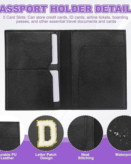 PATIKIL Passport Holder for Travel, Initial Passport Cover and Luggage Tag Set with Alphabet Chenille Letter Patch Travel Wallet Bag Suitcase Identifier for Women Family Travel Black D
