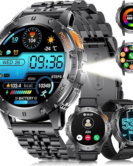 LIGE 1.43" AMOLED Smart Watch for Men with Flashlight, Bluetooth Calling, 100+ Sport Modes, 530mAh, IP68 Waterproof Fitness Tracker for Workout, iOS Android Compatible, Black Steel Leather