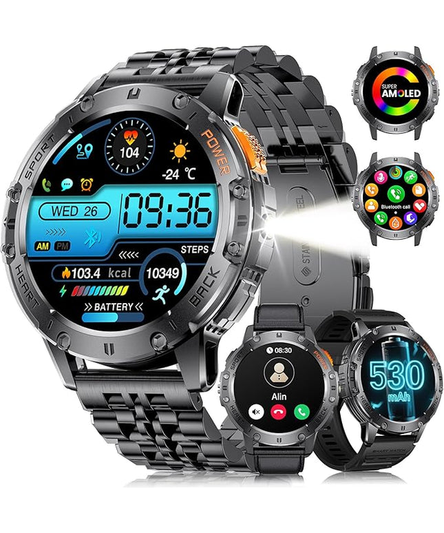 LIGE 1.43" AMOLED Smart Watch for Men with Flashlight, Bluetooth Calling, 100+ Sport Modes, 530mAh, IP68 Waterproof Fitness Tracker for Workout, iOS Android Compatible, Black Steel Leather