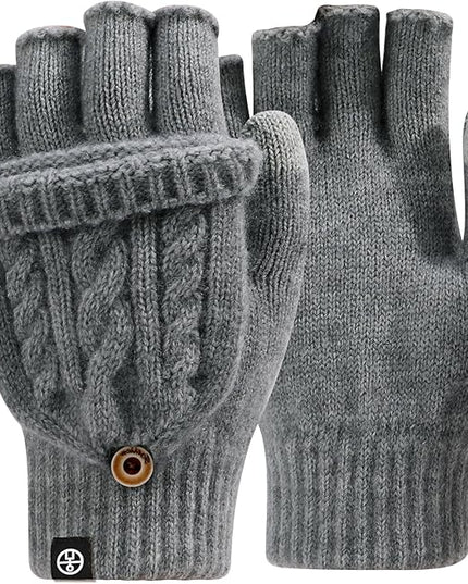 Winter Fingerless Gloves for Women Men Warm Knitted Convertible Mittens Flap Cover