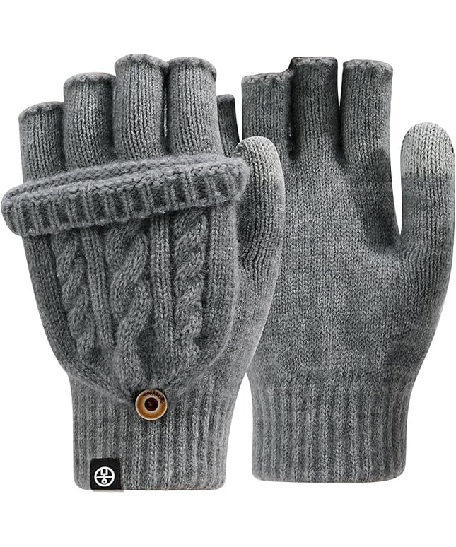 Winter Fingerless Gloves for Women Men Warm Knitted Convertible Mittens Flap Cover