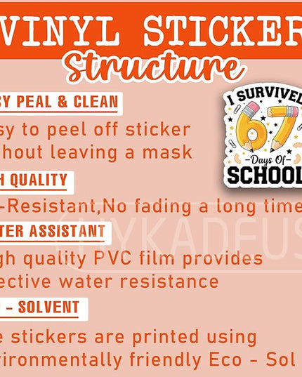 (3Pcs) I Survived 67 Days of School Sticker Funny Meme Teacher Humor Design Vinyl Decals Waterproof for Water Bottle, Tumbler, Laptop, Phone Case, 3" x 2.5"