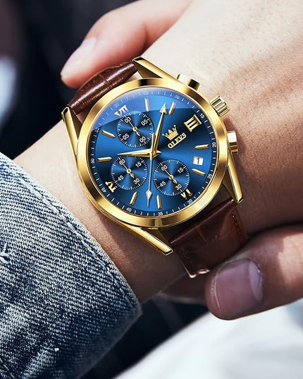OLEVS Leather Chronograph Watch Men - Leather Strap (Brown/Black), Work Luminous Waterproof Analog Quartz Dress Wrist Watch with Blue/Black/Brown/White Dial