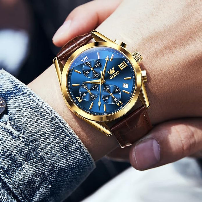 OLEVS Leather Chronograph Watch Men - Leather Strap (Brown/Black), Work Luminous Waterproof Analog Quartz Dress Wrist Watch with Blue/Black/Brown/White Dial