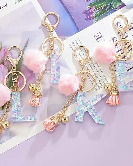 Resin Alphabet Initial Letter Keychain Keyring for Women Purse Handbags With Fur Ball Pom