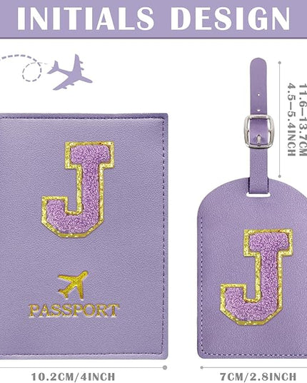 COSHAYSOO Initial Passport Cover Luggage Tag Set Letter Passport Holder Airplane Cruise Travel Essentials Vacation Traveling Accessories Personalized Gifts for Women Teen College Girls Purple J