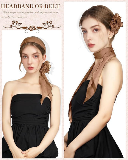 Chiffon Scarf for Women, Removable Flower Neck Scarf Light Soft Fashion Rose Scarves Versatile Headband or Hair Band