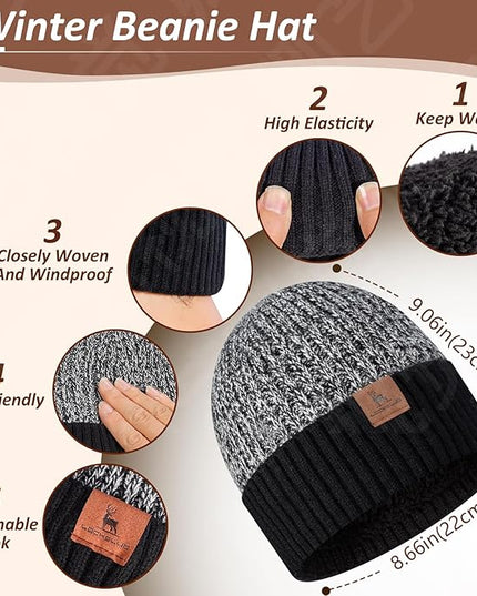 Men Women Winter Beanie Hats Scarf with Touchscreen Gloves Warm Knit Themal Gloves Long Scarf Set with Fleece Lined