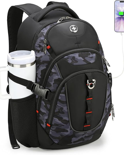 Swissdigital Design Laptop Backpack with USB Charging Port, Travel Backpack Fits 15.6 inches Computer, 31L College School Backpack for Men, Gray Camo | SD803-91