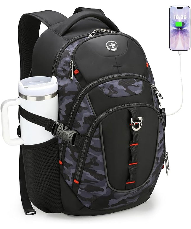Swissdigital Design Laptop Backpack with USB Charging Port, Travel Backpack Fits 15.6 inches Computer, 31L College School Backpack for Men, Gray Camo | SD803-91