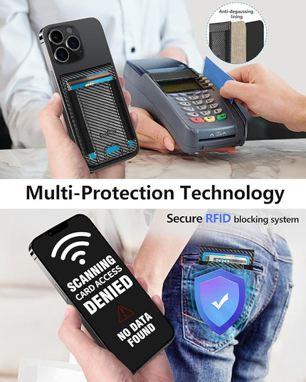 Phone Wallet Stick On, Phone Wallet with Adjustable Stand, Open ID Window, 8-Card Holder, Stronger 3M Adhesive Credit Card Holder for Back of Phone Case, iPhone, Samsung and Android, Carbon Fiber