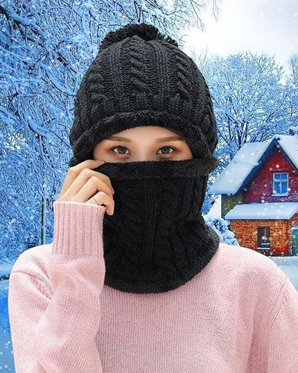 HUAMULAN Women Winter Beanie Hats One Piece Fleece Lined Knit Balaclavas Mask Set Skull Neck Circle Scarf Ski Snow Hat Pompom