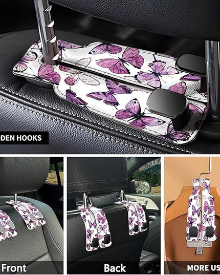 Car Seat Headrest Hook, Universal Leather Cute Hanger Holder Hook, Storage Organizer Interior Accessories for Purse Bags Handbag Luxury Purple Butterfly