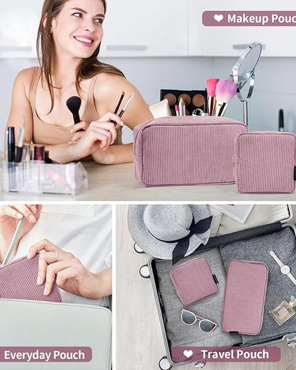 MAGEFY Small Makeup Bag for Purse Mini Cosmetics Bag Corduroy Cute Cosmetic Pouch for Women with Slip-in Pockets