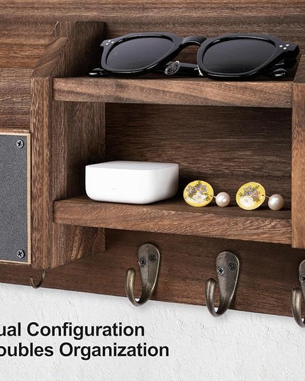 Lwenki Mail and Key Holder – Wall Mount Key Hanger with Shelf and 7 Metal Hooks – Decorative Natural Paulownia Wood Entryway Organizer with Mounting Hardware (16.5”W x 8.7”H x 3.5”D) (Brown)