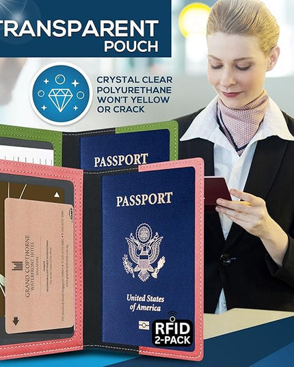 Ciana RFID Passport Holder for Travel – PU Leather Passport Cover and Card Holder for Men & Women – Slim Passport Holder with Card Protector Slot, Travel Must Haves (Pink - Lime Green)
