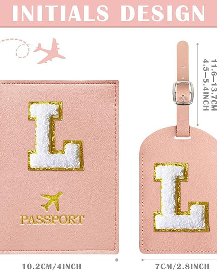 COSHAYSOO Passport Cover and Luggage Tag Set with Her Initial Chenille Letter Patch, Fashionable Travel Bag Backpack Suitcase Identifier Gifts for Granddaughter Grandma Mother Pink L