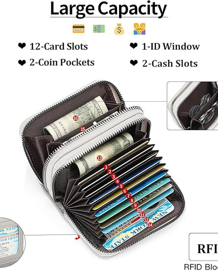 RNIEGA Credit Card Holder Wallet RFID Blocking Leather Small Wallet for Women Double Zipper Wallet with ID Window